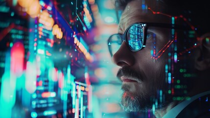 Programming coding and man with focus, hologram and trading with cyber security, futuristic and research. Male person, investor and employee with data analysis, server or investment with website info 