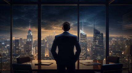 A successful businessman in a strict business suit, hands in his trouser pockets, stands at a panoramic window overlooking the evening metropolis at sunset with the city illumination turned on. - obrazy, fototapety, plakaty