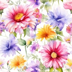 Fototapeta premium seamless pattern of flowers on a white background in watercolor