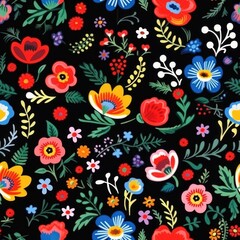 seamless pattern of flowers on a black background in watercolor