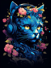 T-shirt design, a blue cat with an apple on its head, channeling the vibes of kawaiipunk created with Generative Ai