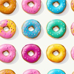 seamless pattern of colorful donuts on a white background