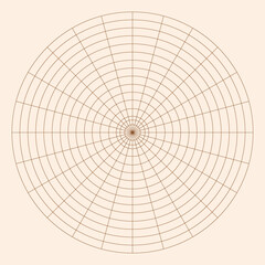 Polar coordinate circular grid isolated on white background. 360 degrees scale. Blank polar graph paper. Vector illustration. Mathematical graph. Lined blank on transparent background