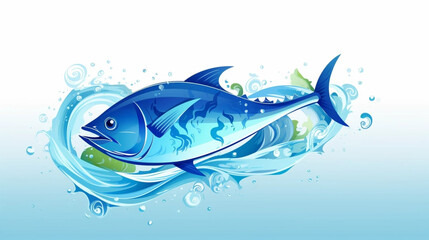 copy space, flat vector illustration, World tuna day, color illustration with the image of fish on waves in the water. Illustration for awareness of overfishing tuna and tuna-like species.