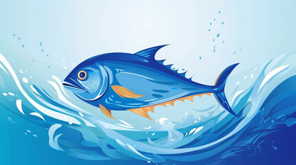 copy space, flat vector illustration, World tuna day, color illustration with the image of fish on waves in the water. Illustration for awareness of overfishing tuna and tuna-like species.