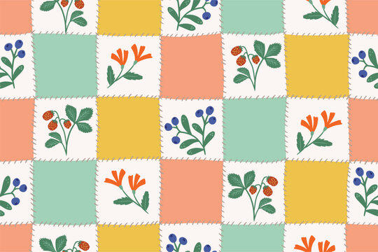 Seamless vector Cheater quilt patchwork berries and flowers, vector seamless pattern. pastel checks