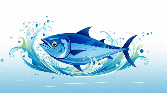 copy space, flat vector illustration, World tuna day, color illustration with the image of fish on waves in the water. Illustration for awareness of overfishing tuna and tuna-like species.