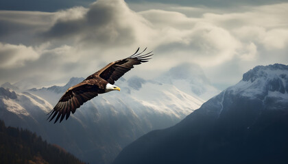 An eagle flying over a mountain range with a background of sky and clouds in the background - obrazy, fototapety, plakaty