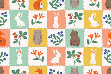 Seamless vector Cheater quilt patchwork with berrie, flowers and cute forest animals on pastel check