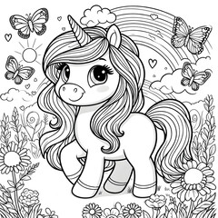 Coloring book, baby pony unicorn graphic drawing. Generative AI