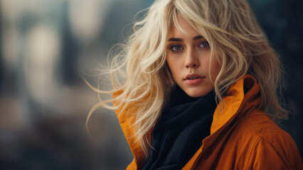 Naklejka premium Outdoor portrait of a blond female fashion model with blond hair and wearing an orange coat.