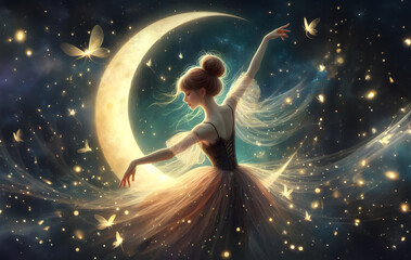 Woman dancing against the moon illustration dark background.