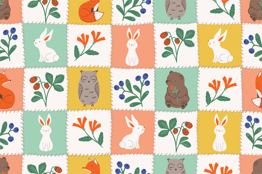 Seamless vector Cheater quilt patchwork with berrie, flowers and cute forest animals on pastel check