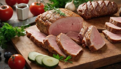Sliced roasted pork loin on wooden cutting board.
