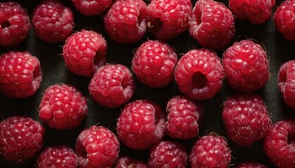 Close-up of fresh raspberries on dark background.
