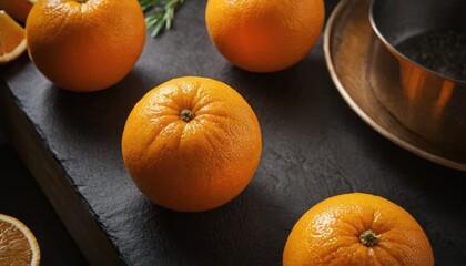 Fresh oranges on a dark slate with a bowl and citrus squeezer.

