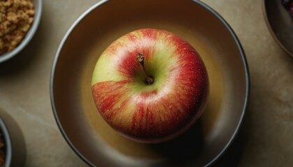 Single apple centered in a bowl, top view.
