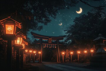 Fototapeta premium Ethereal Night with Lanterns and a Crescent Moon