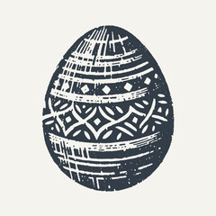 Decorated Easter Egg. Vintage black and white block print style hand drawn vector illustration with grunge texture.