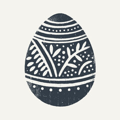 Decorated Easter Egg. Vintage black and white block print style hand drawn vector illustration with grunge texture.