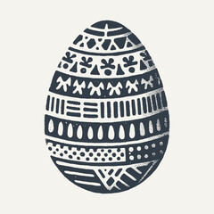 Decorated Easter Egg. Vintage black and white block print style hand drawn vector illustration with grunge texture.