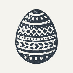 Decorated Easter Egg. Vintage black and white block print style hand drawn vector illustration with grunge texture.