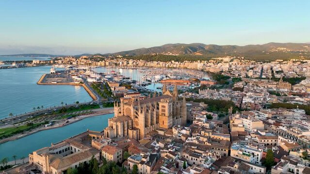 Aerial view of Palma de Mallorca cityscape. Cathedral La Seu of Santa Maria Royal Palace of La Almudaina. Balearic Islands. Spain