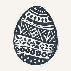 Decorated Easter Egg. Vintage black and white block print style hand drawn vector illustration with grunge texture.