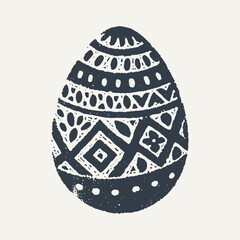 Decorated Easter Egg. Vintage black and white block print style hand drawn vector illustration with grunge texture.