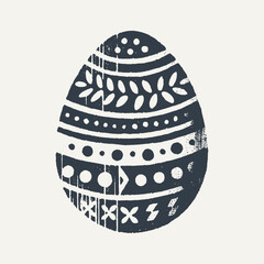 Decorated Easter Egg. Vintage black and white block print style hand drawn vector illustration with grunge texture.