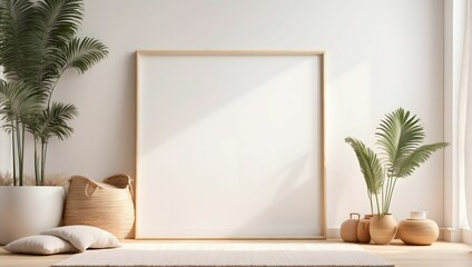 minimalist clean bright mockup photo of large blank frame on floor with light wooden moulding, white background wall, light boho carpet. generative AI - obrazy, fototapety, plakaty