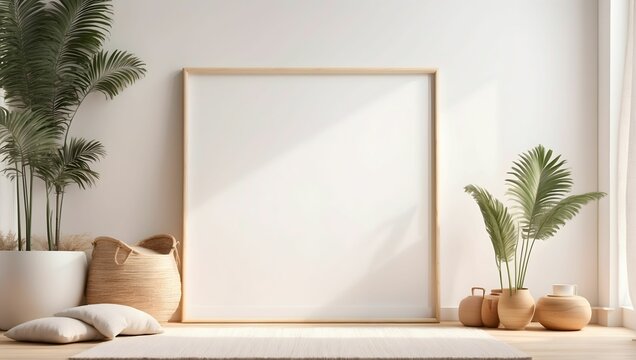 minimalist clean bright mockup photo of large blank frame on floor with light wooden moulding, white background wall, light boho carpet. generative AI