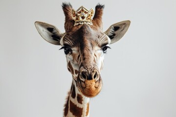 A wild giraffe adorned with a gold tiara in a safari, showcasing its majestic profile.