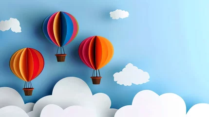 Photo sur Plexiglas Montgolfière Paper cut hot air balloons in a heart shape on blue sky with clouds, hearts. paper cut art style. copy space.