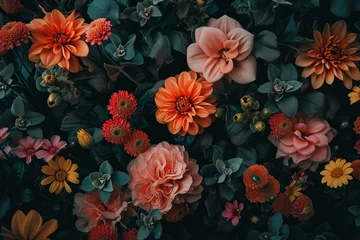 Behang Floral Pattern with Orange and Pink Flowers on Black Background © Khalif