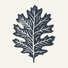 Oak leaf. Vintage block print style grunge effect vector illustration. Black and white.