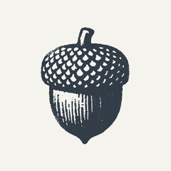 Oak Acorn. Vintage block print style grunge effect vector illustration. Black and white.