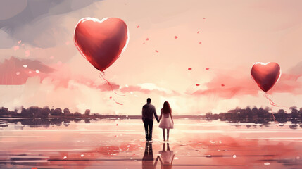 Valentine's day card, art creative image with romantic couple and heart shaped balloon at sunset