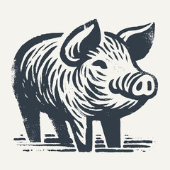 Pig. Vintage block print style grunge effect vector illustration. Black and white.