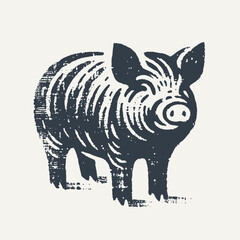 Pig. Vintage block print style grunge effect vector illustration. Black and white.