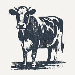 Cow. Vintage block print style grunge effect vector illustration. Black and white.