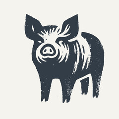 Pig. Vintage block print style grunge effect vector illustration. Black and white.