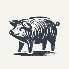 Pig. Vintage block print style grunge effect vector illustration. Black and white.