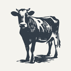 Cow. Vintage block print style grunge effect vector illustration. Black and white.