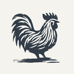 Rooster. Vintage block print style grunge effect vector illustration. Black and white.