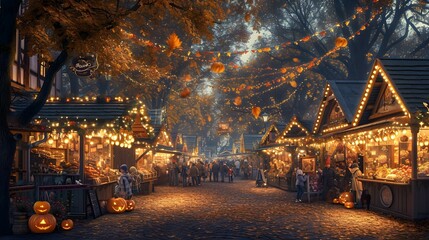 At a small town square, a fall fair unfolds at evening\with lantern-lit stalls adorned with autumn leaves and pumpkin lanterns. Generative AI. - obrazy, fototapety, plakaty