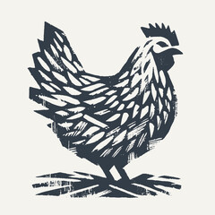 Chicken. Vintage block print style grunge effect vector illustration. Black and white. © RetroVector