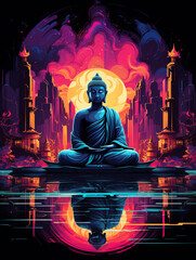 T-shirt design, A serene Buddha amidst a digital metropolis, combining tradition with cyber aesthetics created with Generative Ai