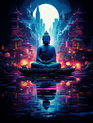 T-shirt design, A serene Buddha amidst a digital metropolis, combining tradition with cyber aesthetics created with Generative Ai