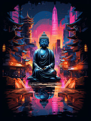 Obraz premium T-shirt design, A serene Buddha amidst a digital metropolis, combining tradition with cyber aesthetics created with Generative Ai